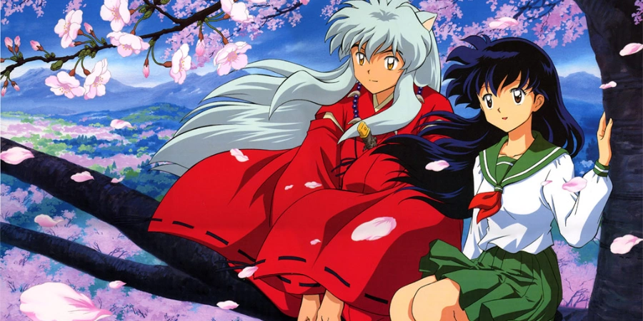 Inuyasha and Kagome sitting on a tree branch under cherry blossoms, romantic anime scene set in feudal Japan with soft pink petals and scenic background.