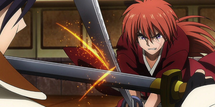 Kenshin Himura in an intense sword fight, action-packed samurai anime scene with sparks flying and traditional Japanese setting.