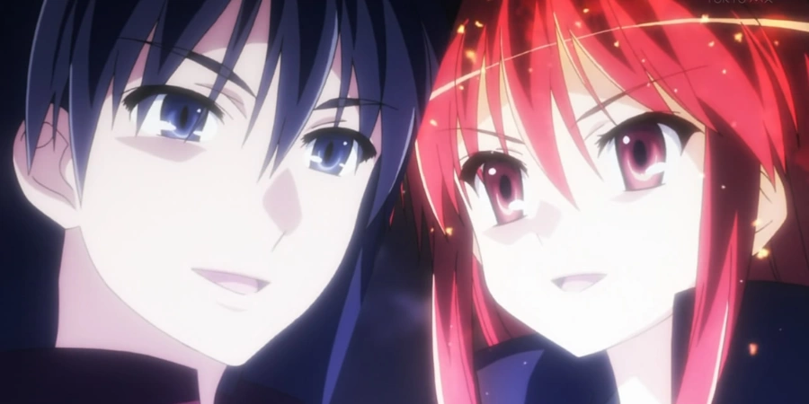 Close-up of Shana and Yuji with glowing effects, emotional anime moment from Shakugan no Shana featuring supernatural romance and fiery powers.