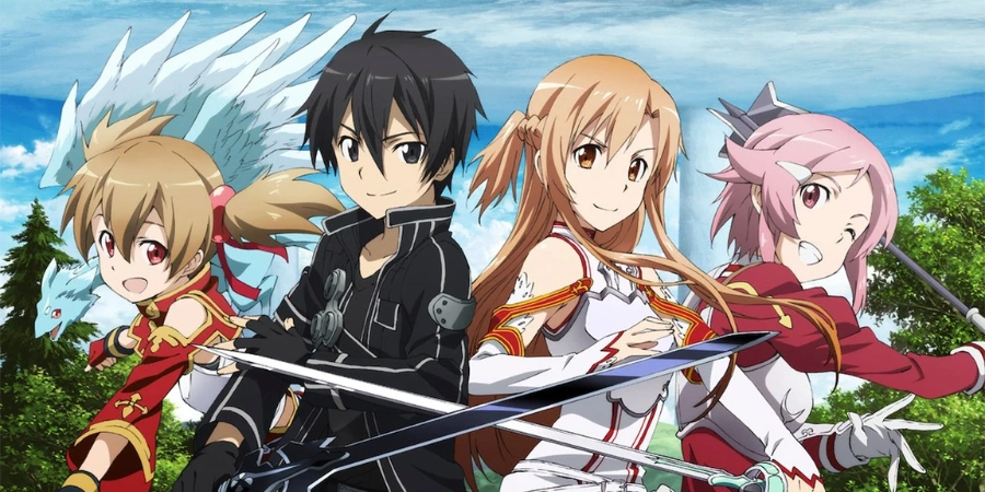 Kirito, Asuna, and friends in battle-ready poses from Sword Art Online, fantasy MMORPG anime with swords, armor, and team adventure theme.