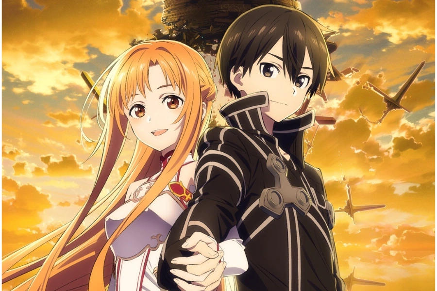 Kirito and Asuna standing together against a golden sunset with the floating Aincrad castle behind them, iconic Sword Art Online anime scene featuring fantasy MMORPG world, swords, and romantic partnership.