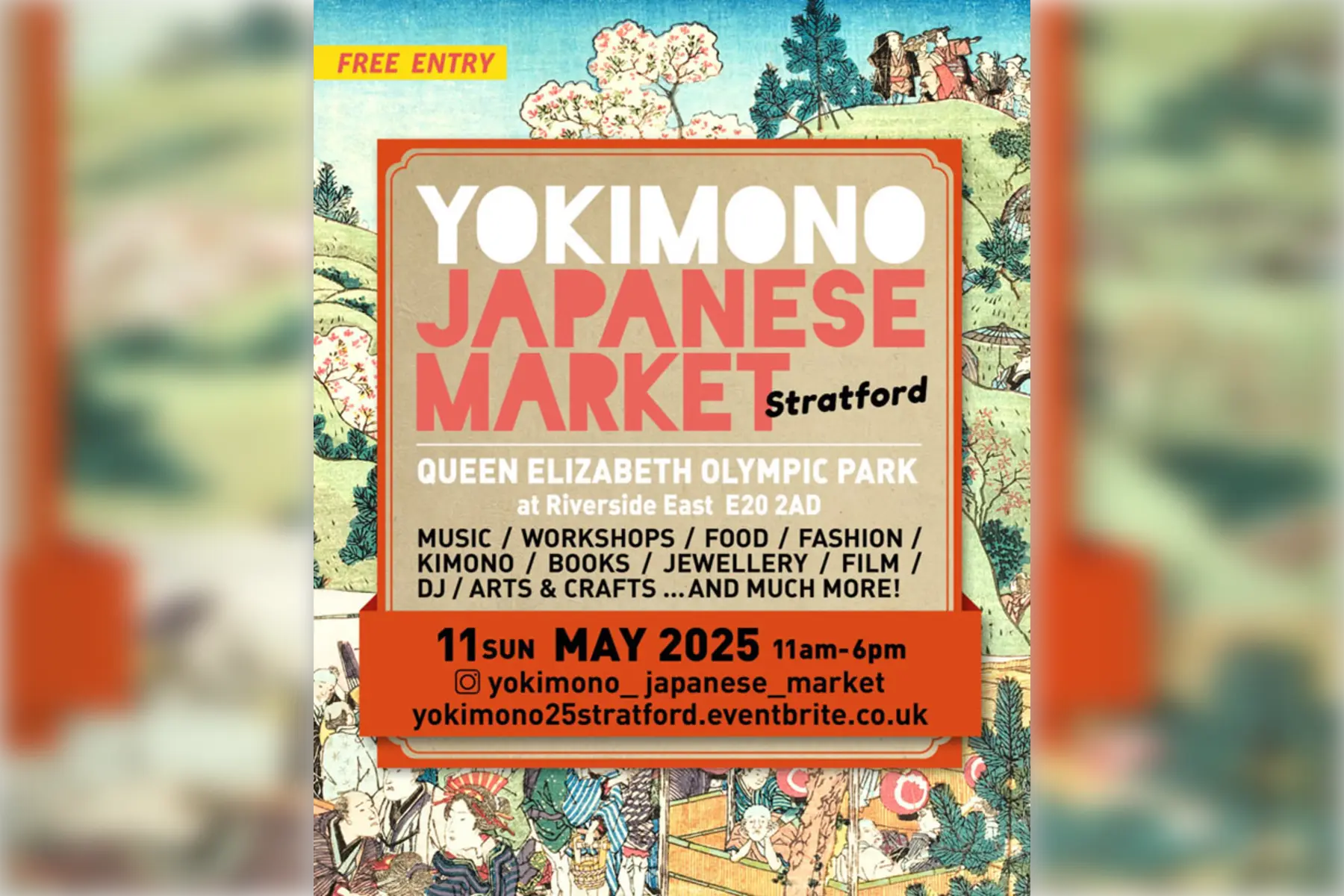 Promotional poster for the Yokimono Japanese Market in Stratford, featuring a vintage Japanese landscape illustration. The event takes place at Queen Elizabeth Olympic Park, Riverside East, on Sunday 11 May 2025 from 11am–6pm. Free entry. Visitors can enjoy Japanese food, fashion, kimono, books, jewellery, film, live music, DJs, workshops, arts and crafts, and more.