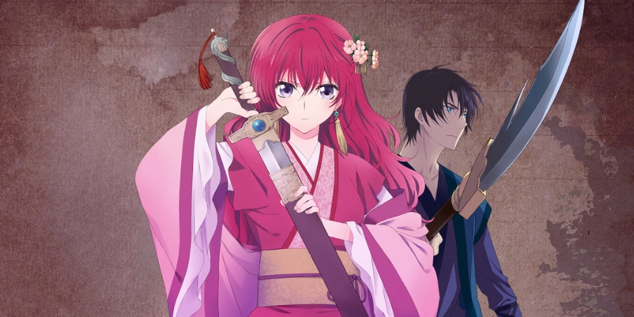 Red-haired princess Yona holding a sword with Hak behind her, dramatic anime key visual from Yona of the Dawn featuring historical fantasy setting and strong female protagonist.