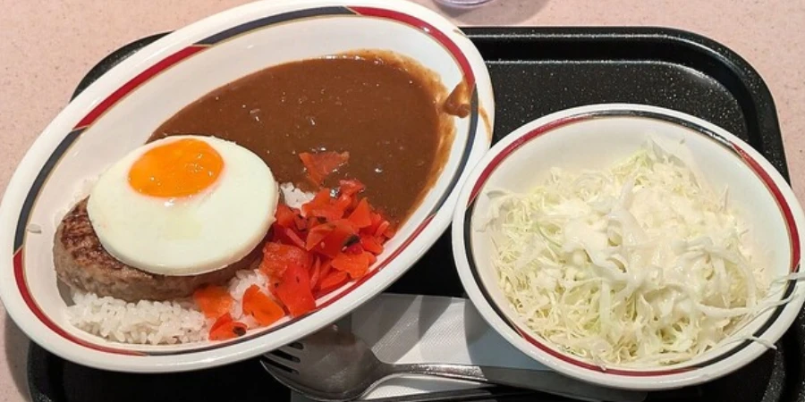 Hamburg curry with a fried egg and a side of rice