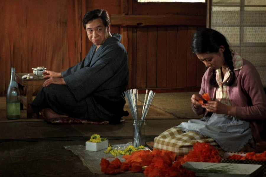 The man looking at the woman arranging flowers - A still from "Dodes'ka-den" (1970)