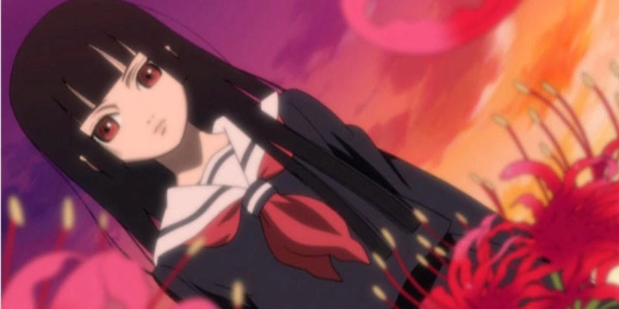 A black long-haired girl (Hell Girl) with red spider lilies flowers
