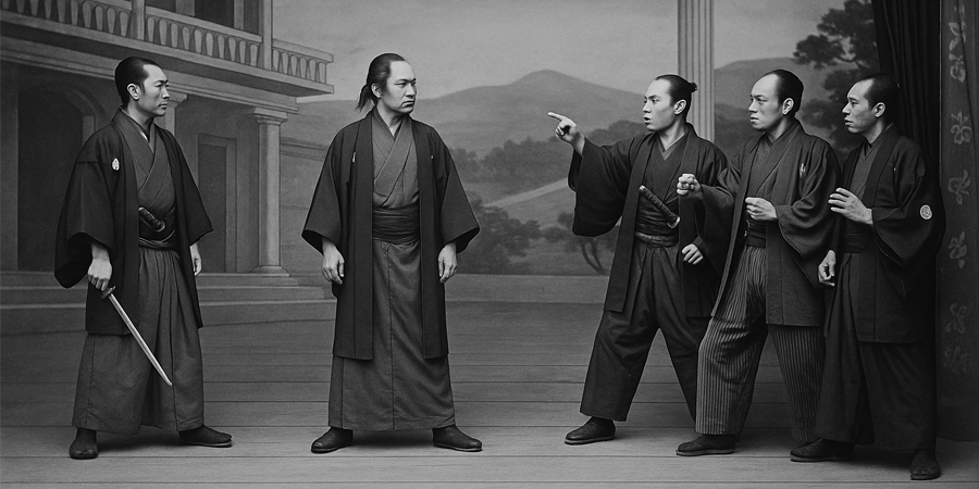 Three men shocked and pointing at another man who is standing proud