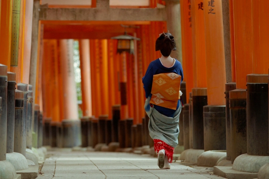 A geisha walking through Fushimi Inari shrines, walking under the famous orange Tori Gates