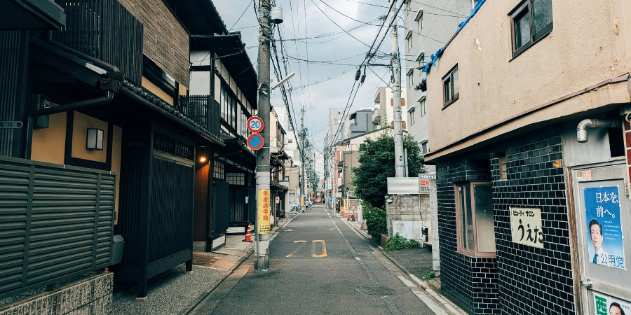 A narrow street in Japan, with houses