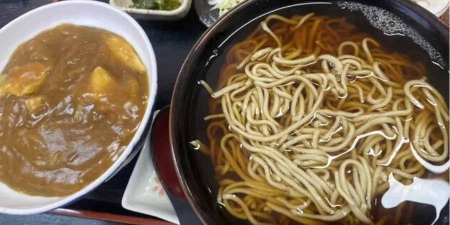 Soba noodles in soy sauce broth and a side of curry