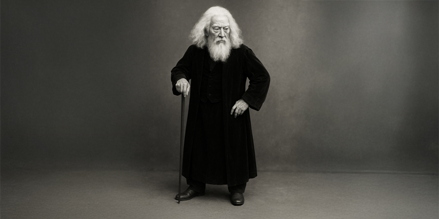 An old man standing with his walking cane