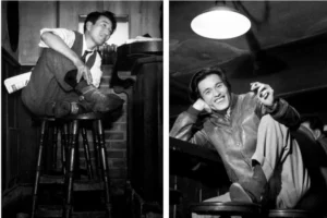 A black and white split photo of Buraiha writers Osamu Dazai and Oda Sakunosuke sitting on bar stools at Bar Lupin. Dazai is shown on the left in a relaxed pose with his leg up while Oda is on the right smiling with a cigarette representing the Decadent School of Japanese literature.
