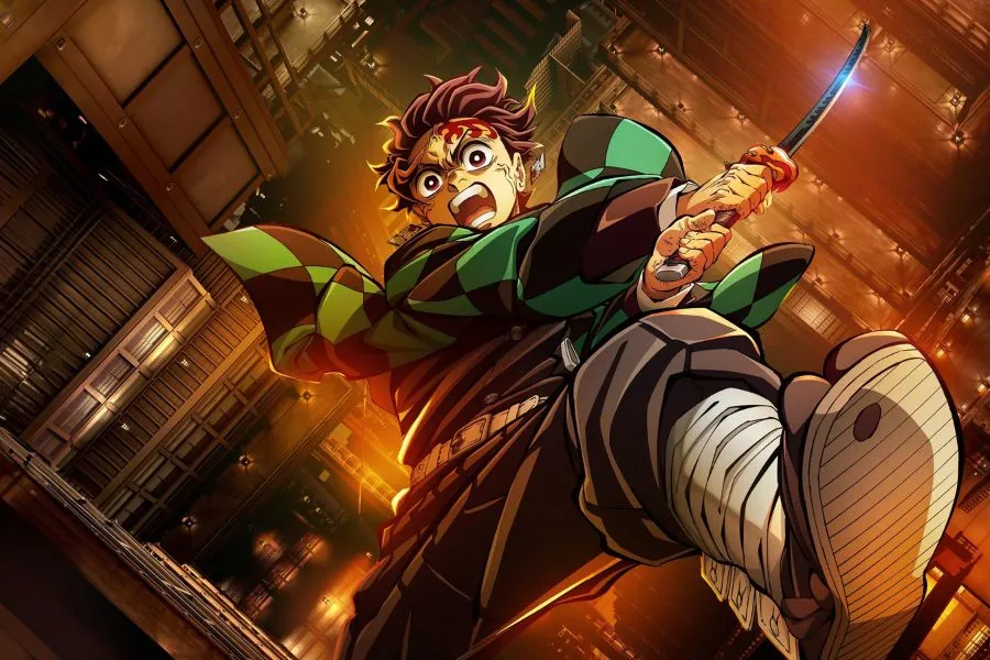 Image of Tanjiro falling down Infinity castle in the new Demon slayer movie