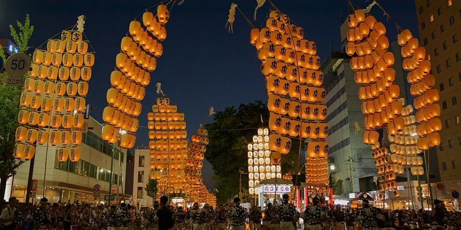 Lantern poles carried by performers during the Akita Kanto Festival in Akita, Japan, one of the country's most famous August summer festivals.