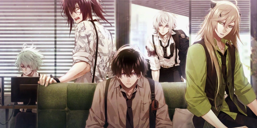 All five love interests of Collar x Malice in an office setting