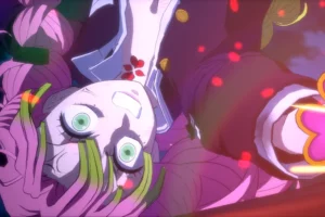 Mitsuri Kanroji the Love Hashira performing a powerful attack in a visual recreation of the Swordsmith Village Arc.