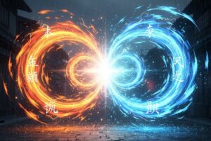 anime fire and water breathing techniques colliding in battle with glowing energy effects representing demon slayer hinokami chronicles combat visuals cinematic action and elemental sword styles.