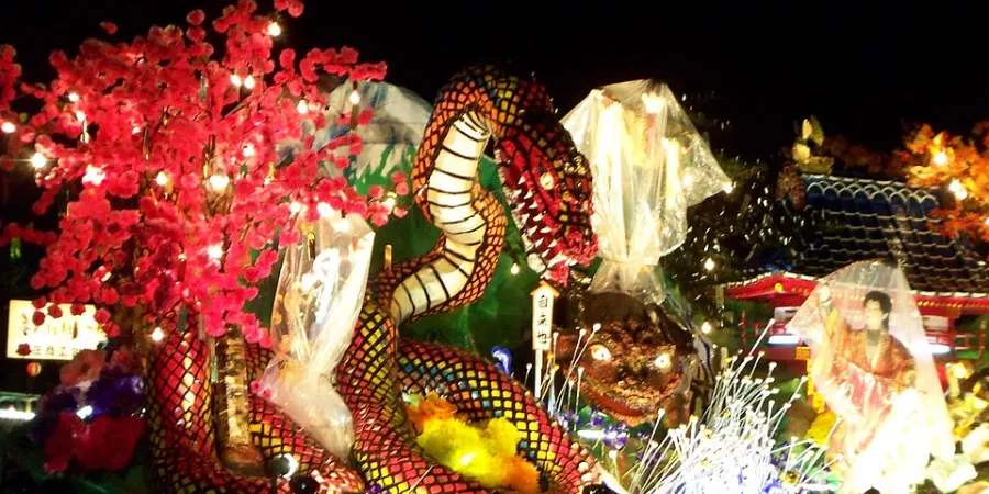 Illuminated dragon float at the Shinjo Matsuri Festival in Yamagata, Japan, featuring elaborate lantern decorations during the famous summer festival parade.