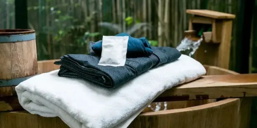 towel resting on the edge of a wooden onsen bath