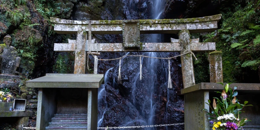 Stone torii gate near Kifune Shrine at Kuya falls