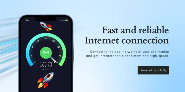 Holafly graphic of a phone speed test with the words Fast and reliable Internet connection