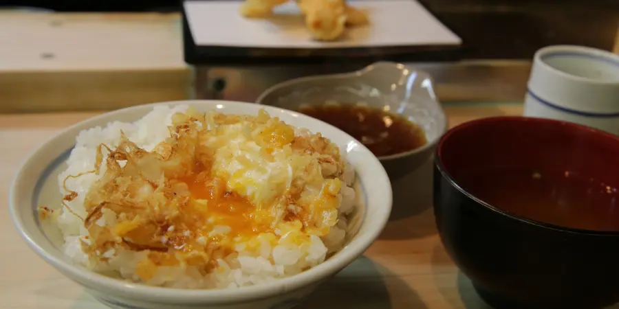 A bowl of egg tempura from Tensuke, a restaurant taht specializes in tempura