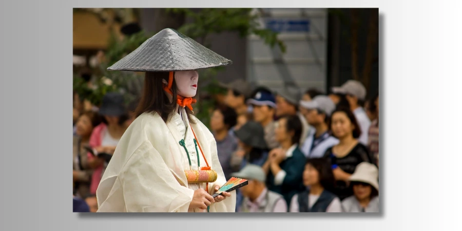 A participant in full period costume at the Jidai Matsuri procession in Kyoto.