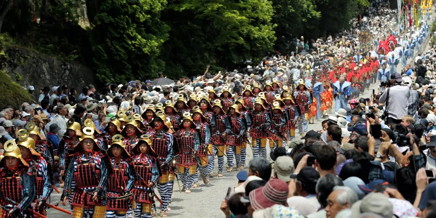 Samurai warriors in traditional armor taking part in the Nikko Toshogu Shuki Taisai procession in Japan