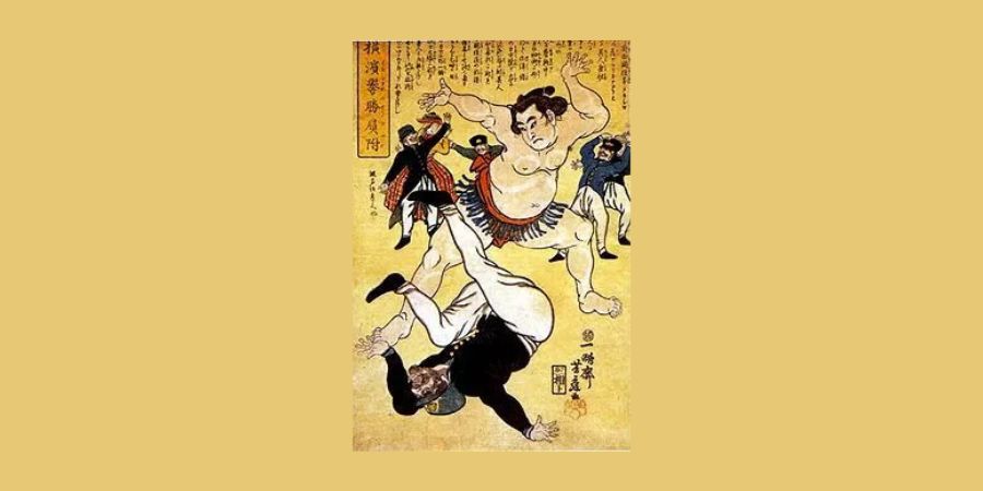 Historic satirical woodblock print (ukiyo-e) depicting a sumo wrestler physically defeating a Western figure in a diplomatic encounter, symbolizing Japan's strength during the Meiji Restoration era.