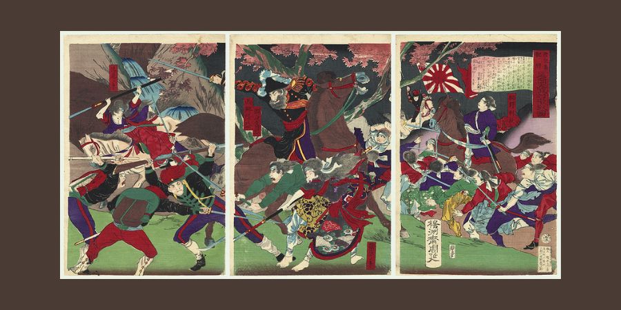 Historic triptych ukiyo-e woodblock print depicting a chaotic battle scene from the Boshin War, showing samurai fighting against soldiers wearing Western-style military uniforms.