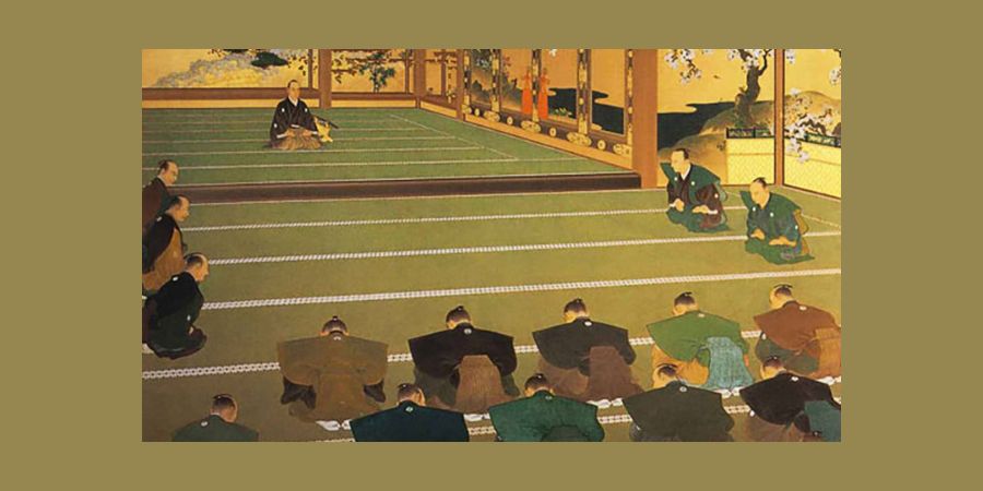 Traditional Japanese painting depicting a formal meeting between officials seated on the tatami floor in a richly decorated room, characteristic of the late Meiji period.