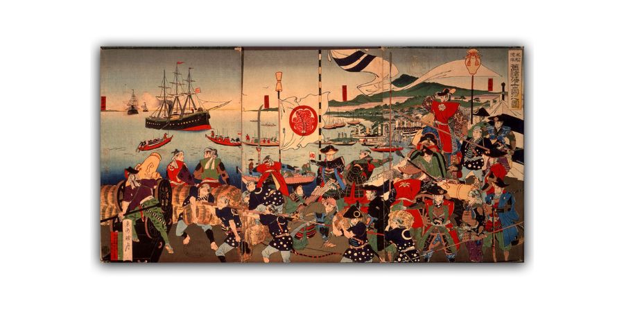 Historic ukiyo-e woodblock print depicting Commodore Perry's Black Ships arriving in Japan (likely Uraga), with Japanese samurai and officials reacting on the shore.