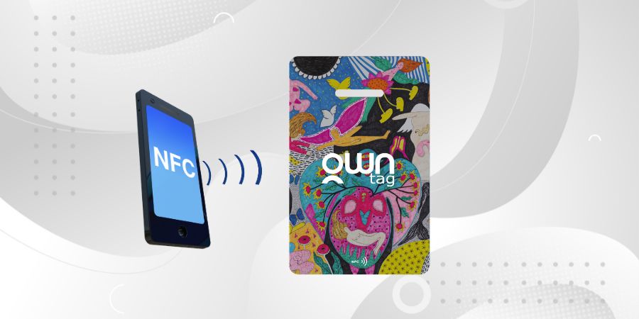 Diagram illustrating how a smartphone uses Near Field Communication (NFC) to connect wirelessly with an "own tag" for quick data transfer and item identification.
