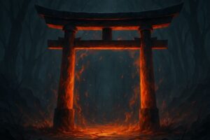 A dark and haunting digital illustration of a glowing orange torii gate in a misty forest representing the ominous atmosphere of the Culling Game Arc in Jujutsu Kaisen Season 3. The scene mirrors the moral rot and cursed chaos spreading through Tokyo after the Shibuya Incident.