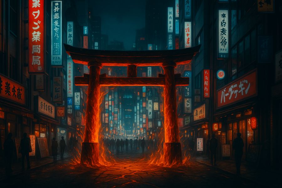 A dark and atmospheric digital illustration of a glowing orange torii gate standing in a crowded Tokyo street filled with neon signs. This captures the dark veil falling over Shibuya during the Shibuya Incident where jujutsu sorcerers like Satoru Gojo and Yuji Itadori face malevolent spirits.