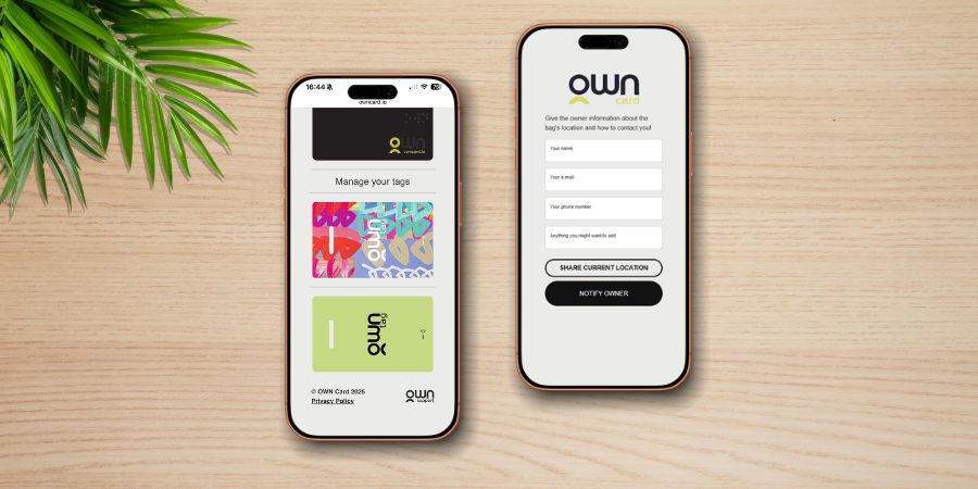 Dual smartphone screen mockup showing the 'own tag' app interface, with screens for managing multiple tags and the form screen for a finder to notify the owner.