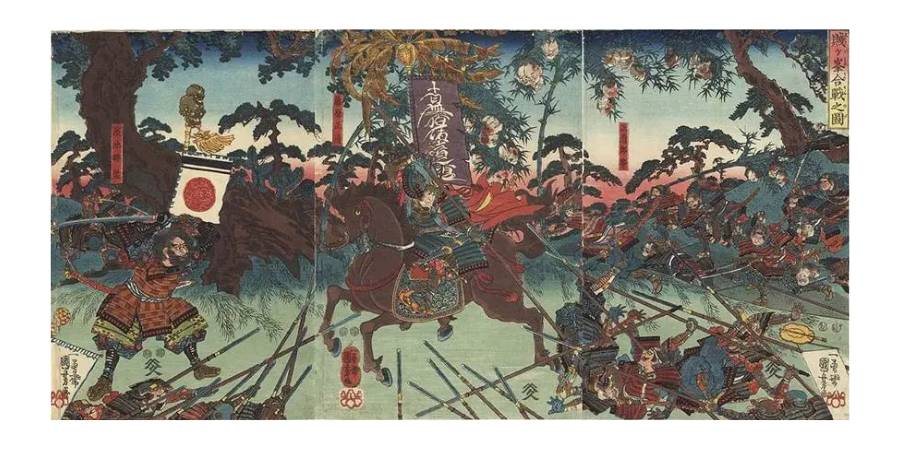 A three-panel Japanese ukiyo-e woodblock print depicting a chaotic and intense battle scene from the Onin War. Samurai in detailed traditional armor engage in close-quarters combat with swords and spears across a landscape of rolling hills and trees. Banners and standards rise above the fray, and the composition is filled with dynamic figures in various states of action, reflecting the upheaval of the Muromachi period.
