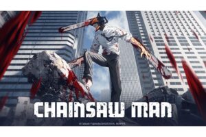 Official anime artwork for the Crunchyroll and Octopus collaboration featuring the character Denji as Chainsaw Man standing amidst urban ruins with blood splattered skyscrapers.