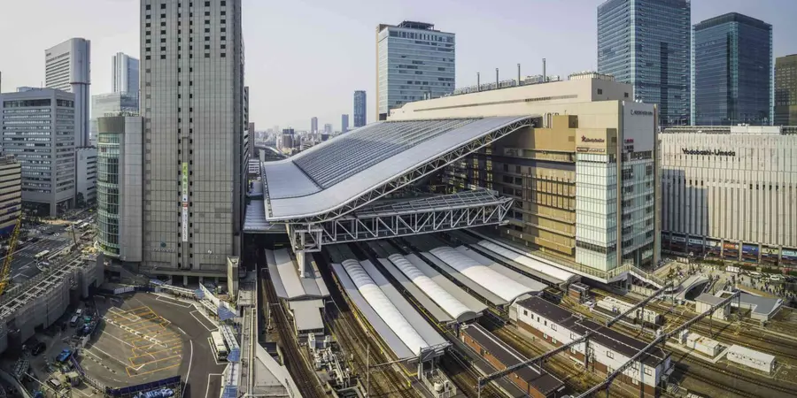 The exterior of Osaka Station full of railways and tracks