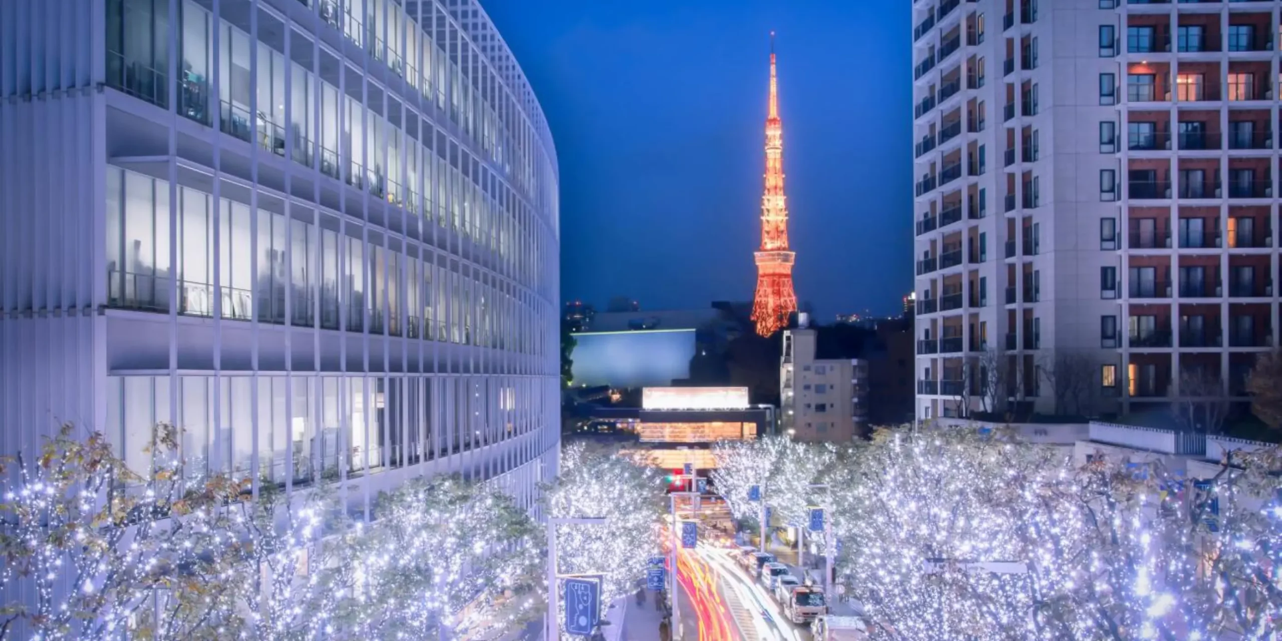 Roppongi street at night lined with illuminated trees, with Tokyo Tower glowing in the distance between modern buildings
