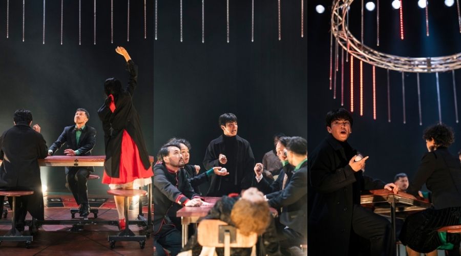 A collage of three vertical images showing theatrical scenes. Actors are shown in dramatic poses around a wooden table under hanging light fixtures, with one actor appearing to reach toward the ceiling.