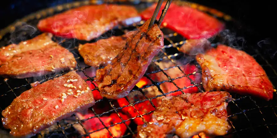 Meats being grilled over a charcoal flame