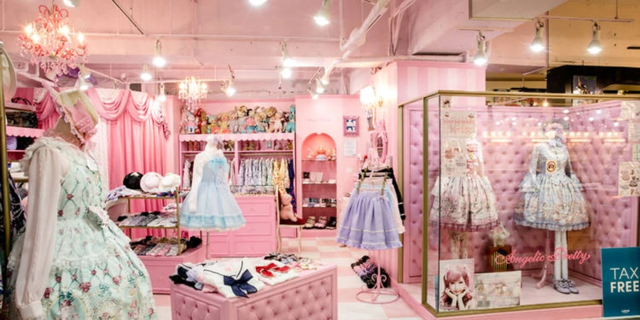 A shop's interior displaying pink walls and floors, selling lolita-style dresses.
