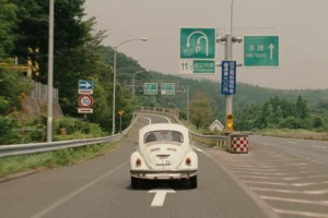 A car driving on a street in Japan