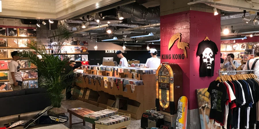 Interior of record store King Kong honten, displaying their records and other merchandise.