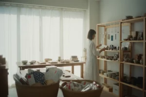 A woman browsing through a shelf of products.