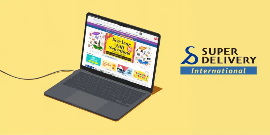 A laptop depicting a website interface, beside it Super Delivery International's logo.