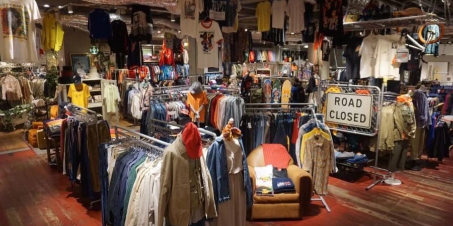 Various second-hand clothes hang on racks inside the store Wego.