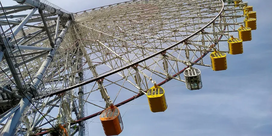 A low angle of the Tempozan Ferris Wheel, which is in yellow