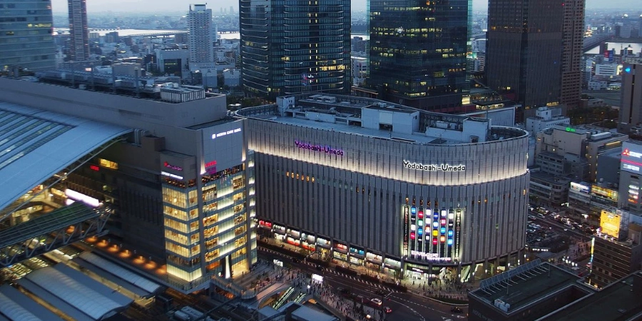 The exterior of Grand Front Osaka Mall at night